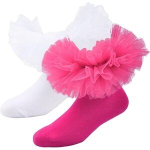 Girls Ruffle Socks for Little Girls 2 Pack Size M (4-6 YO) White & Hot Pink